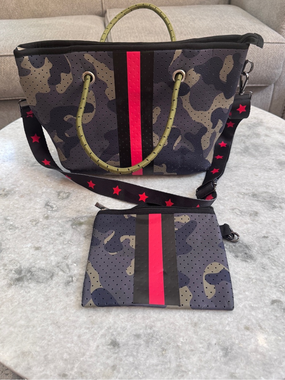Camouflage Neoprene Tote with Red Stripe - Women